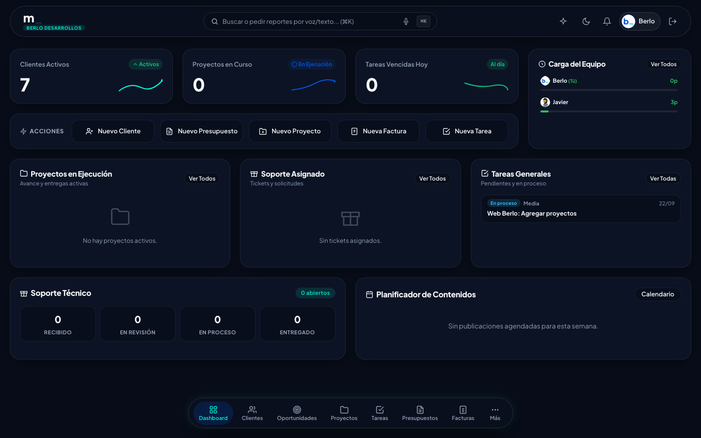 Dashboard de Binaro Modus: Panel operativo con métricas de clientes, proyectos en curso y asistente de IA