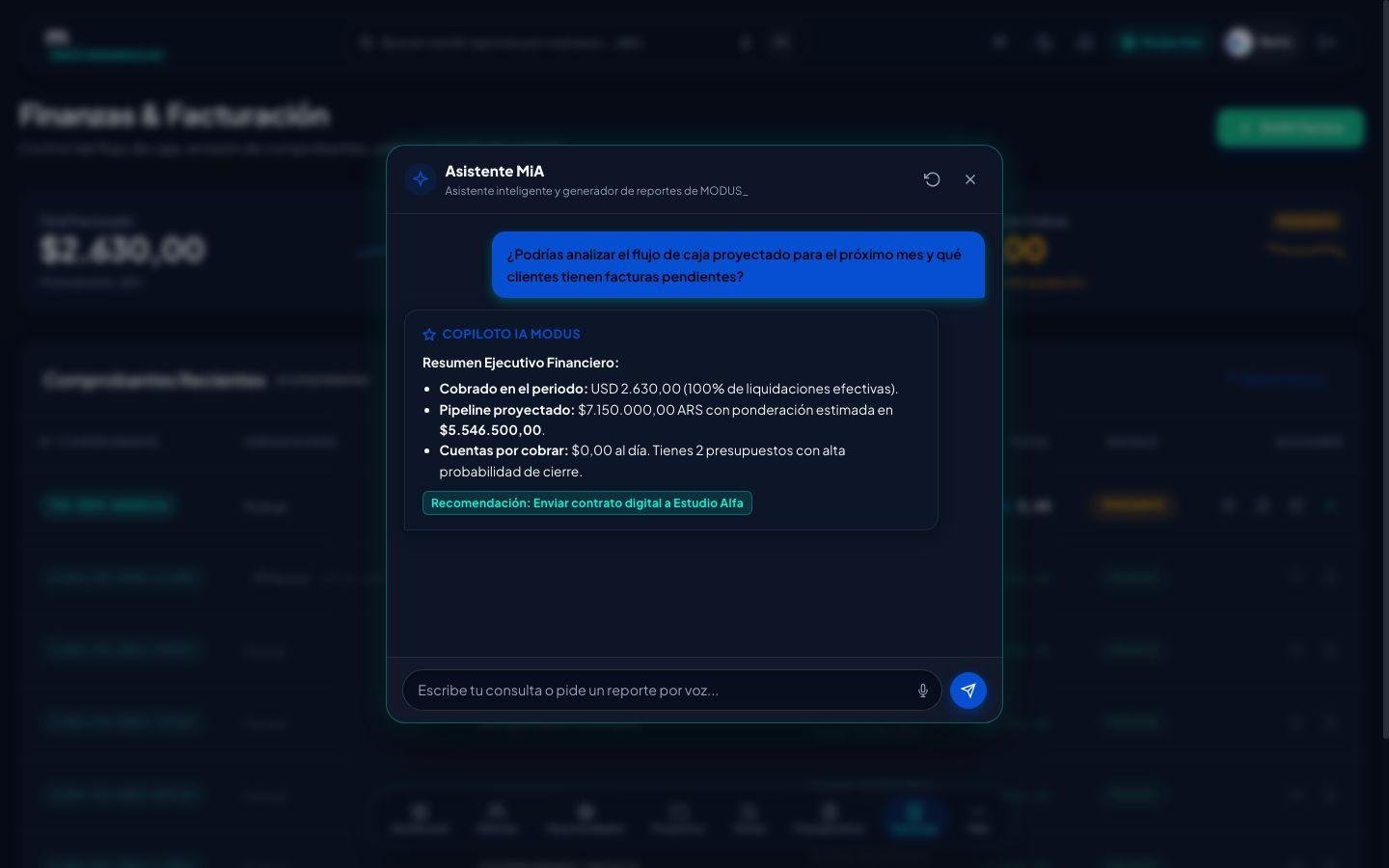Integrated AI Copilot inside Binaro Modus generating quotations and financial analysis in natural language