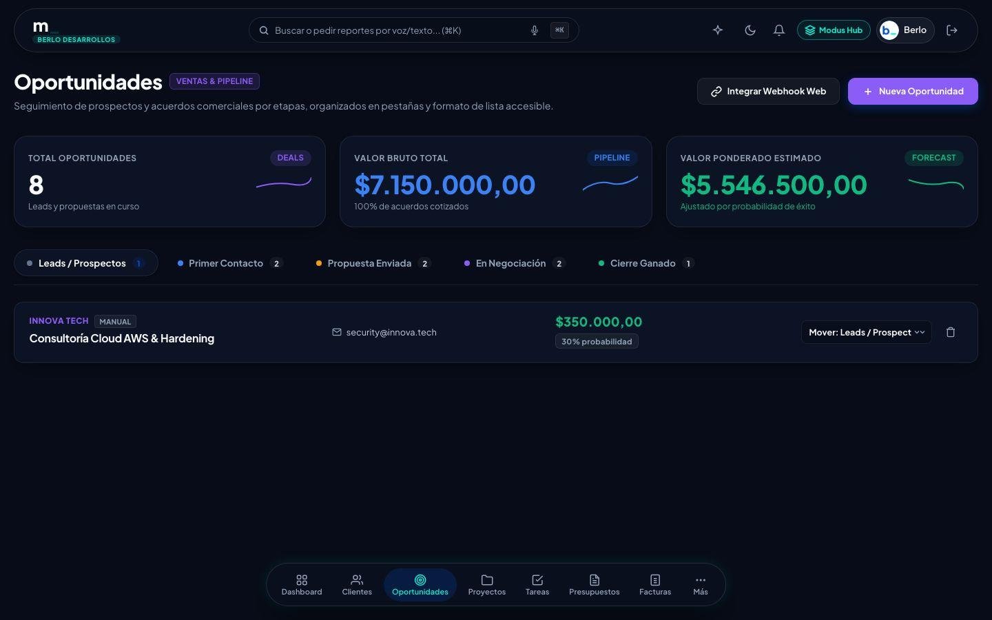 Commercial pipeline and CRM in Binaro Modus showing sales stages, deal probabilities, and owner assignments