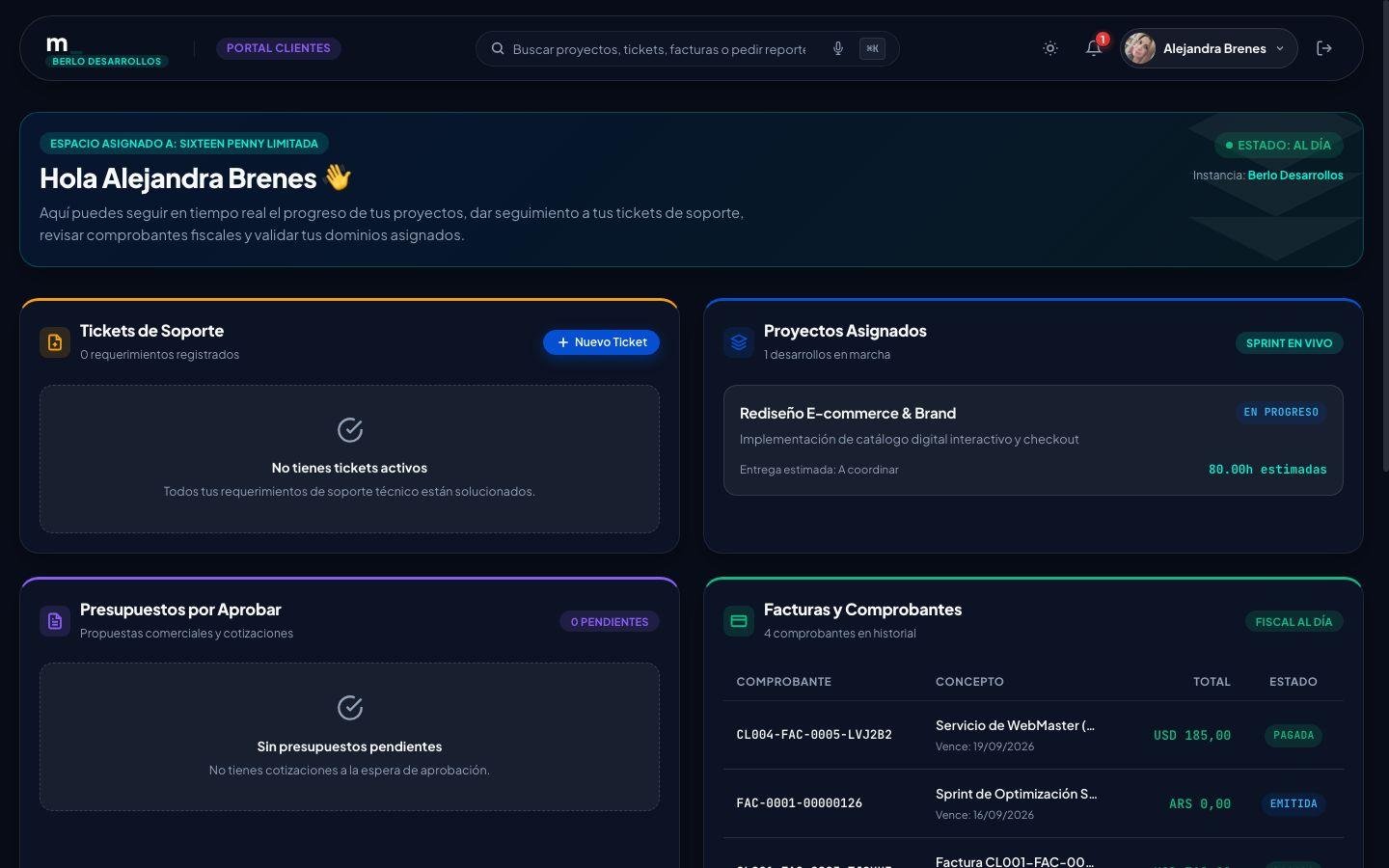 Client extranet portal for digital proposal approval, invoice downloads, and secure messaging in Binaro Modus