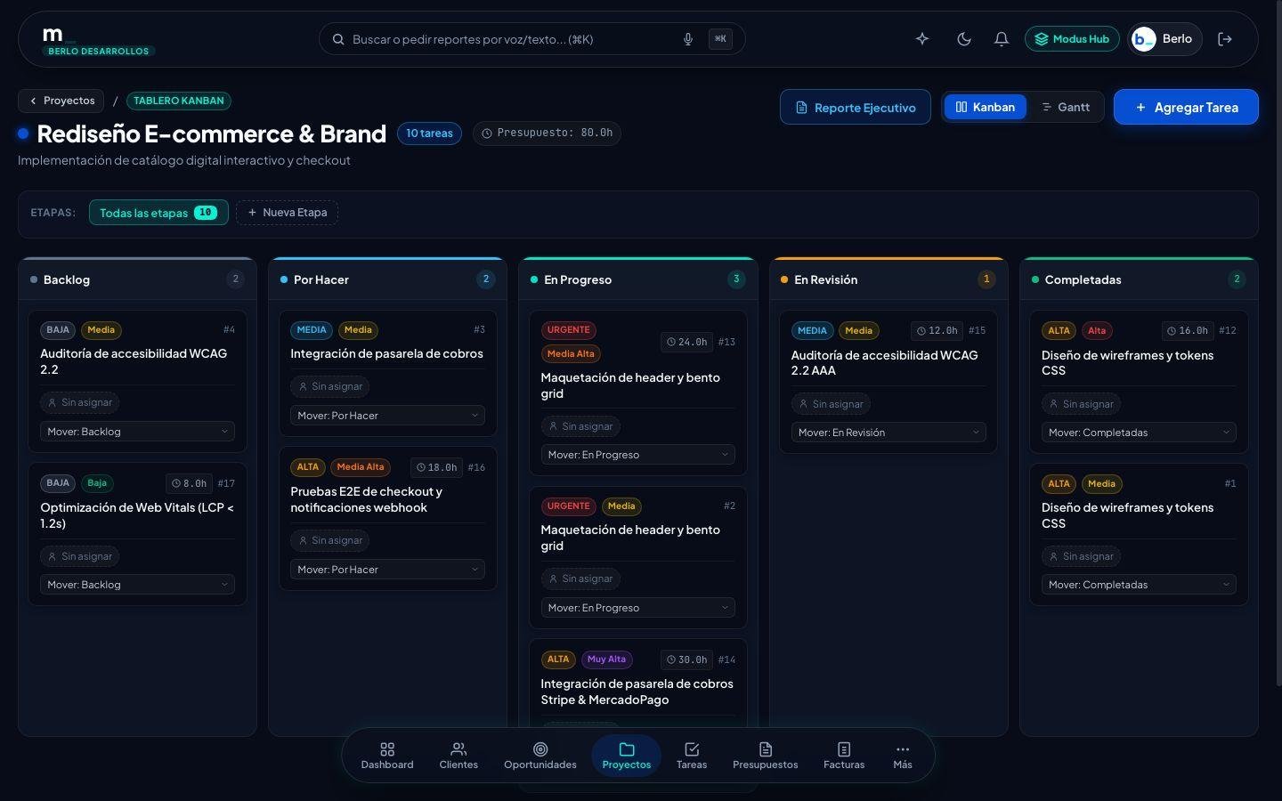 Project management and Kanban task boards with billable hours and deliverables tracking in Binaro Modus